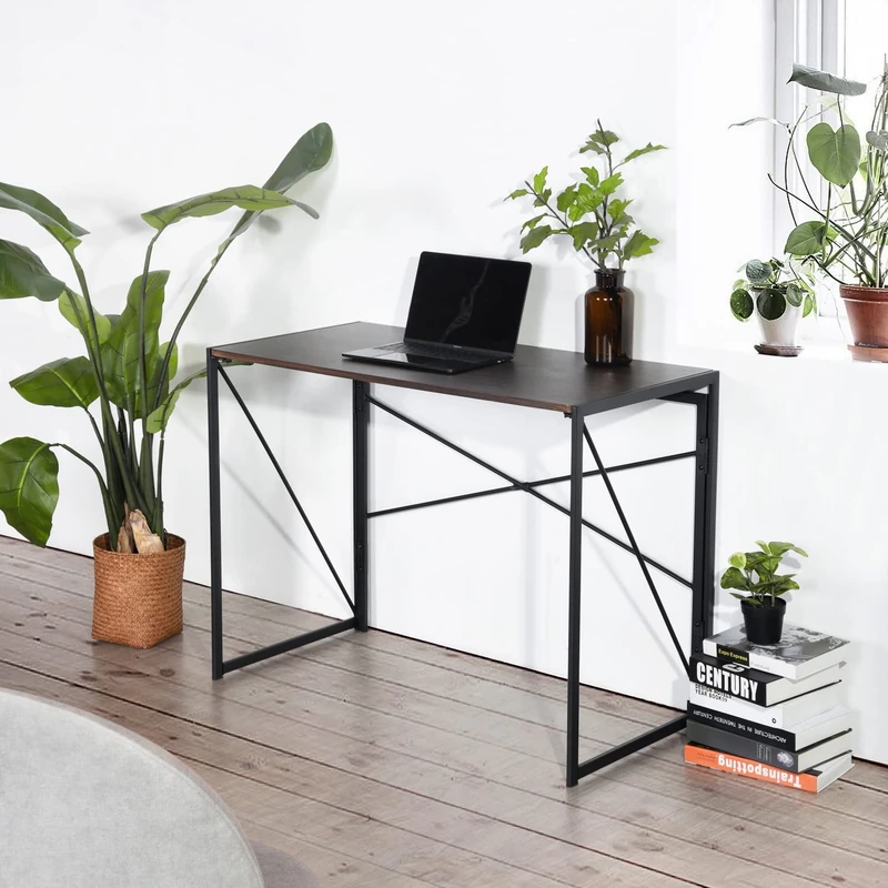 FurnitureR Folding Writing Computer Desk, Walnut and Black Metal Frame, 100 x 50 x 75 cm, No Assembly Required