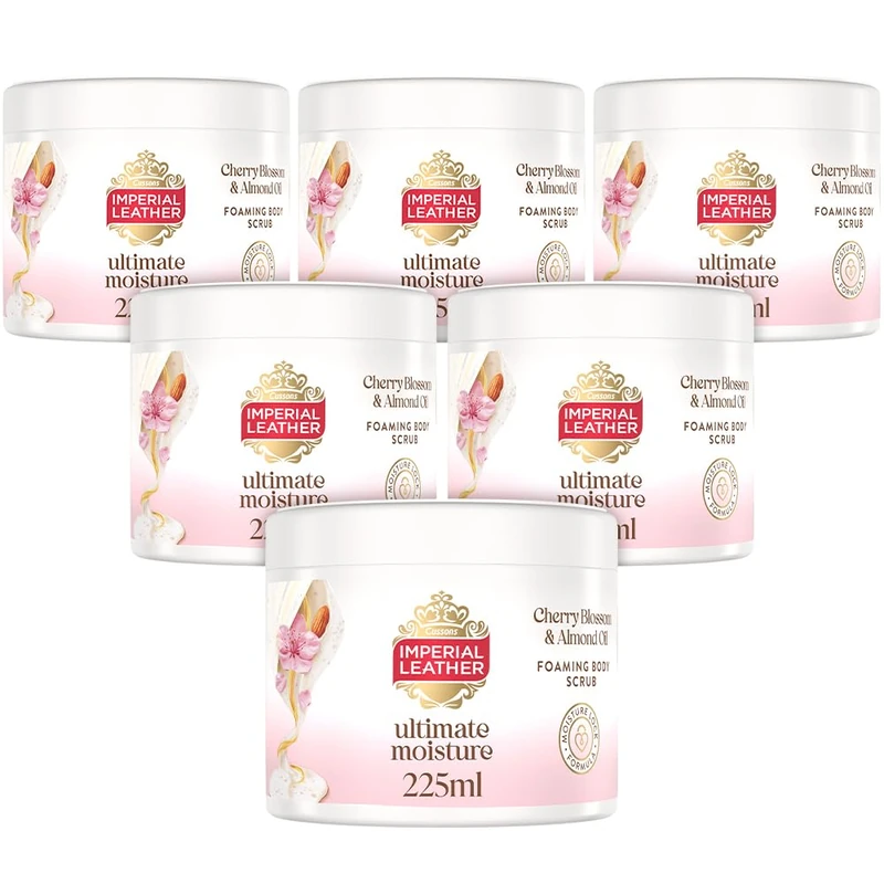 Imperial Leather Ultimate Moisture Cherry Blossom & Almond Oil Foaming Exfoliating Body Scrub, Ultra Rich Lather, Suitable for Sensitive Skin - Vegan & Cruelty Free (225ml), Multipack 6 x 225ml
