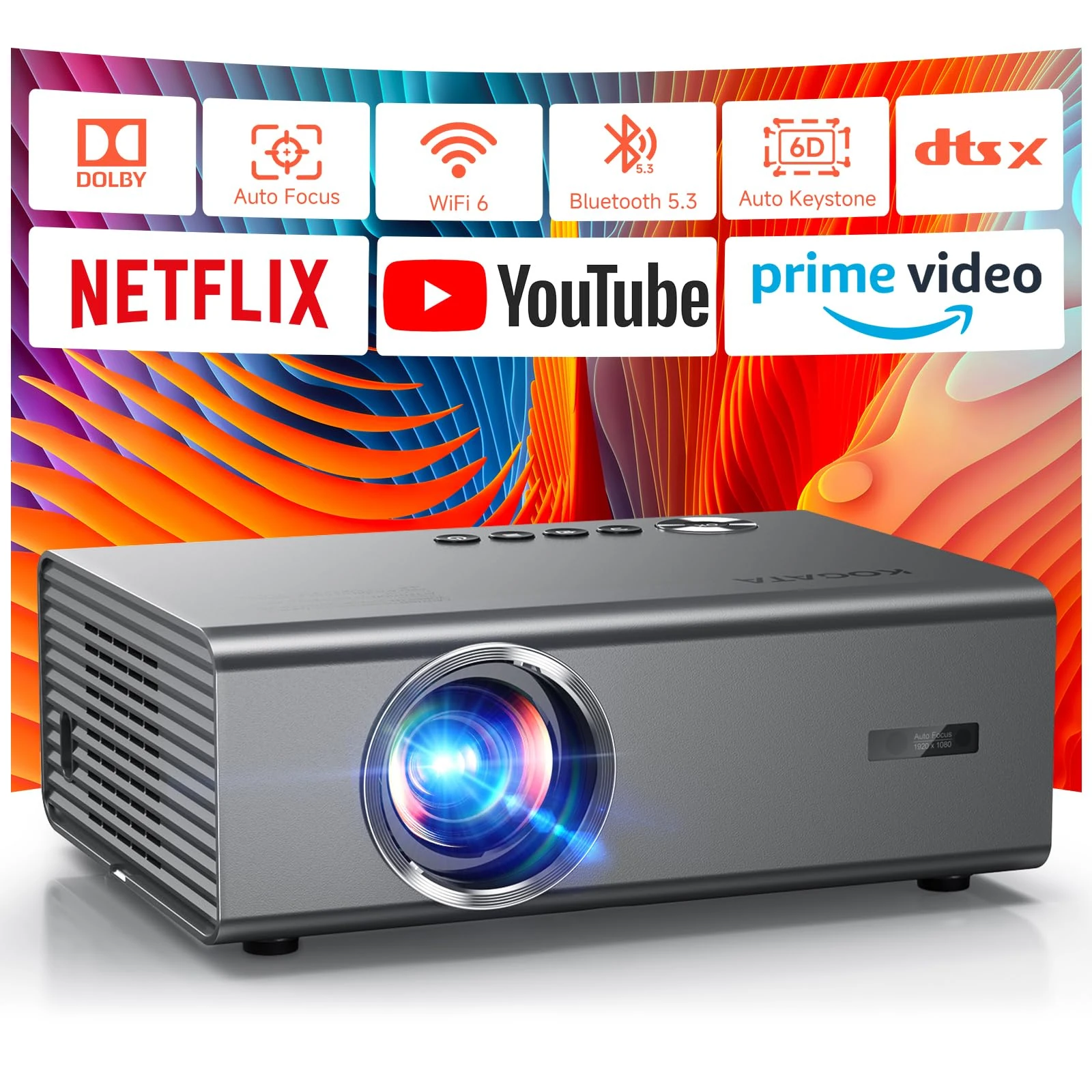 4K Smart Projector for Bedroom compatible with Netflix Smart OS & HDR10 | KOGATA AI Auto Focus, 6D Keystone, WiFi 6 & Bluetooth 5.3 | Outdoor & Indoor Home Cinema Projectors