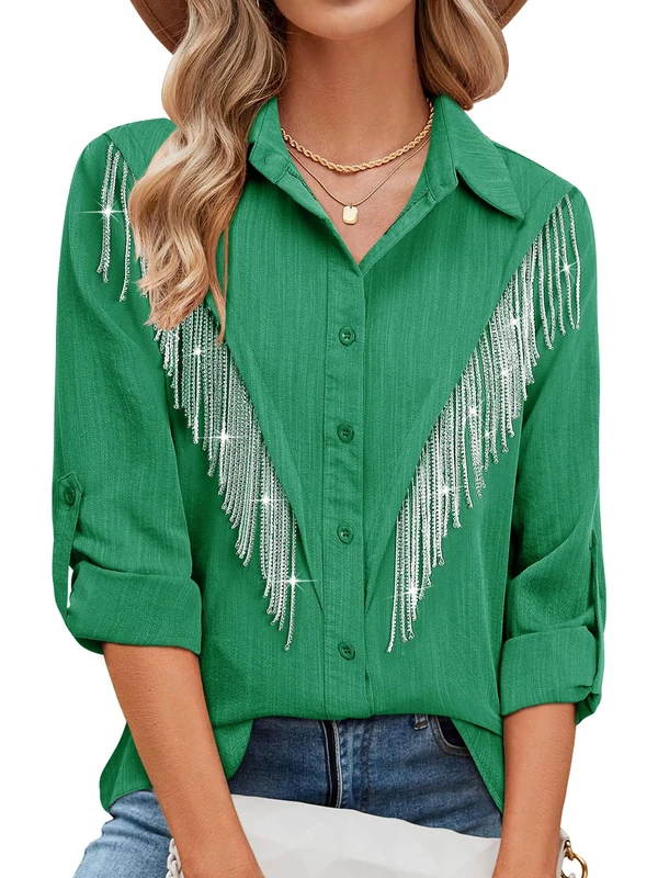 MYMORE Womens Rhinestone Fringe Button Down Shirt Rolled 3/4 Sleeve Sparkly Top Concert Nashville Western Cowgirl Outfit, K_Green, L