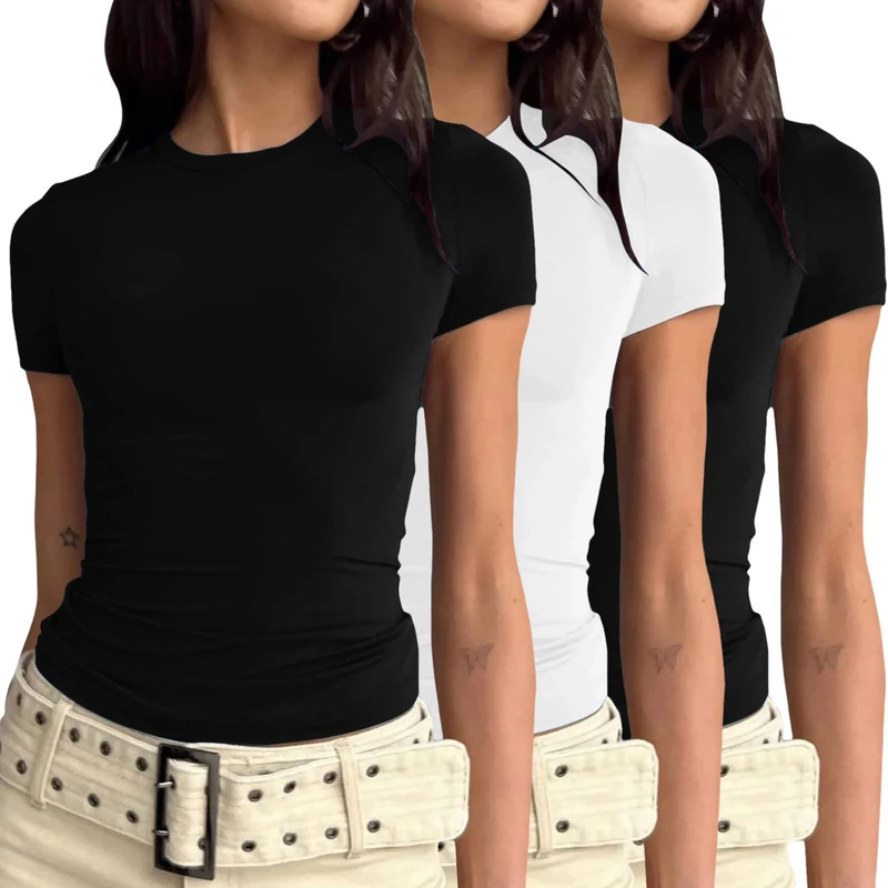 3 Pieces Women Y2k Basic Long/Short Sleeve Tight Top Slim Fitted Going Out Tee Shirt Round Neck Skim Dupe Crop Tops Aesthetic Streetwear
