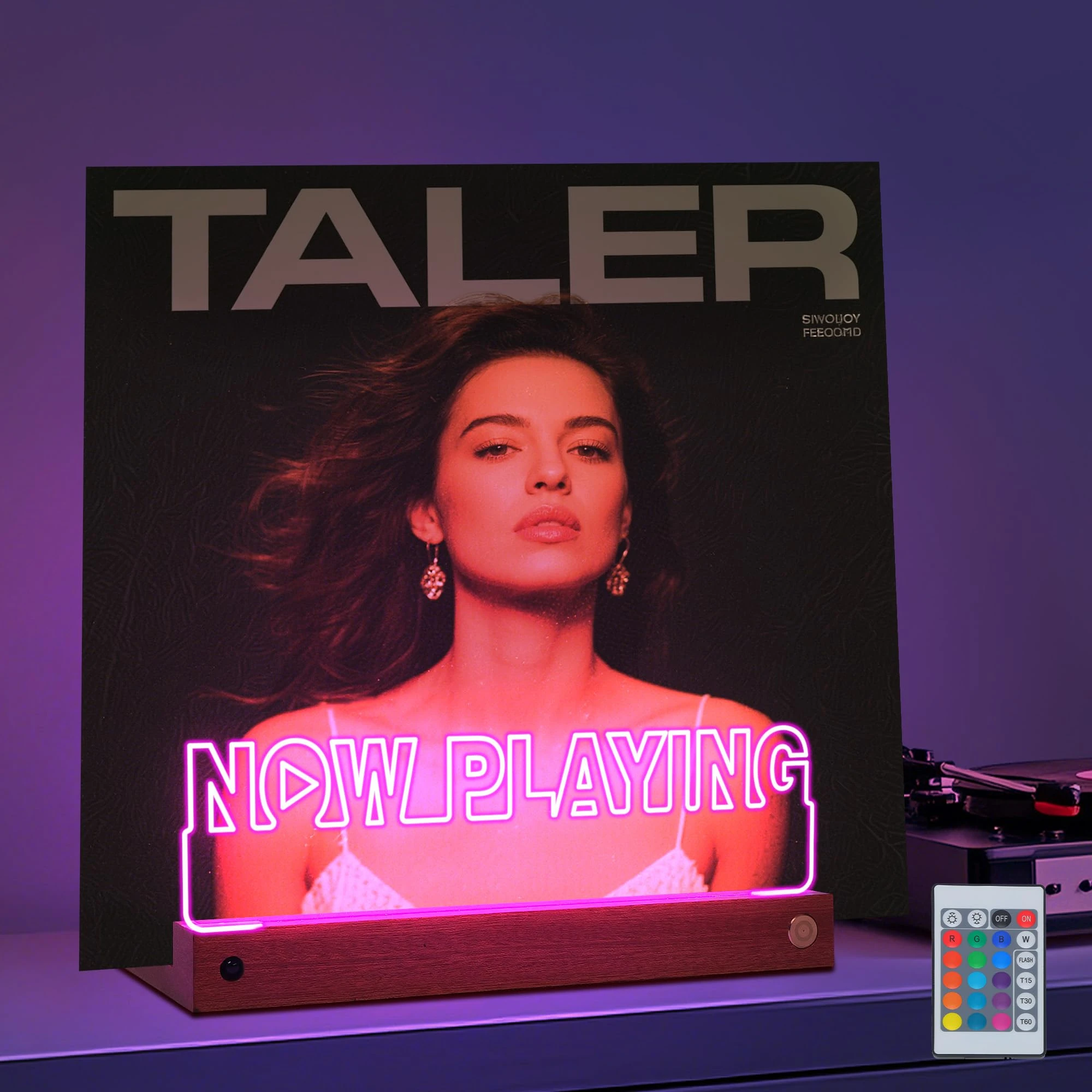 OkiyiD Light Up Now Playing Vinyl Record Stand, Record Holder Stand Display Decor, LED Wooden Base 16 Color Changing with Remote Control,Vinyl Album Storage Gifts for Music Lovers Room Decor