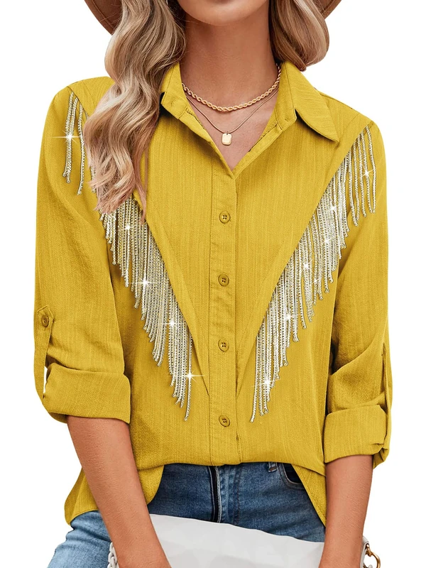 MYMORE Womens Rhinestone Fringe Button Down Shirt Rolled 3/4 Sleeve Sparkly Top Concert Nashville Western Cowgirl Outfit, N_Yellow, XXL