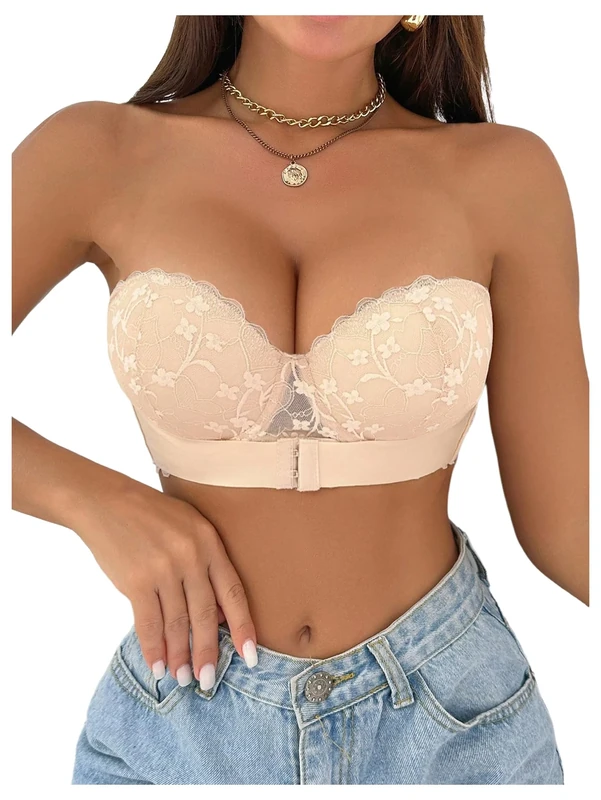 GORGLITTER Women's Push Up Front Fastening Bras Strapless Underwire Scalloped Everyday Bra Beige 32A