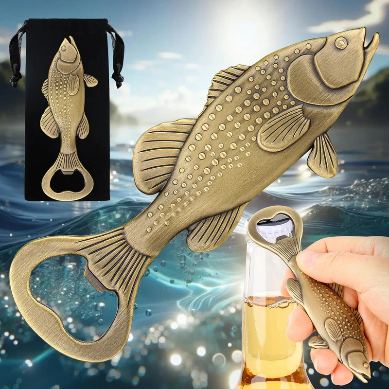 LKKCHER Bass Beer Bottle Opener, Fishing Gifts for Fisherman, Bass Fish Decoration, Birthday Fathers Day Christmas Gifts for Men Women Dad Fisherman, Bronze Beer Accessories with Bag