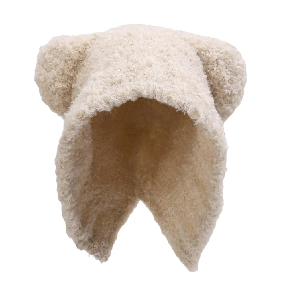 Plush Little Bear Knitted Hat Cute Japanese Warm Ear Protection Autumn and Winter Thickened Versatile Women's Hat, Beige01, One Size