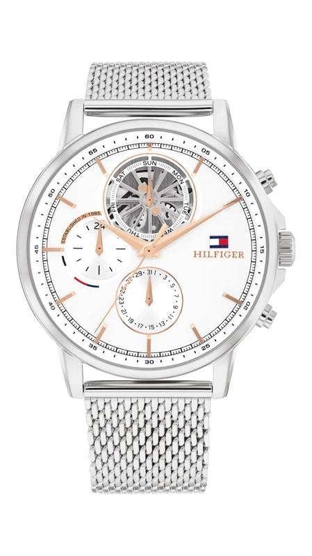Tommy Hilfiger Analogue Multifunction Quartz Watch for Men with Silver Stainless Steel Mesh Bracelet - 1710682