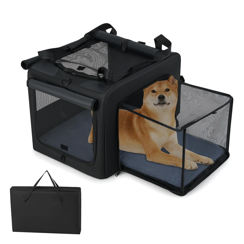 GYMAX Foldable Pet Carrier Bag, Portable Dog Cat Travel Carriers with 2 Openings, Breathable Mesh Windows, Side Storage Pockets, Soft Pad and Extendable Pet Activity Space (80 x 65 x 42cm)