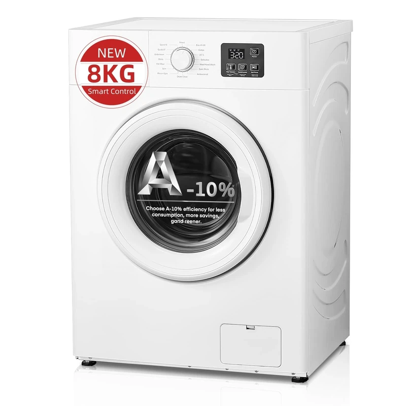 8KG Washing Machine, Smart Freestanding Washing Machine, with 16 Washing Cycles & 3 Extra Feature, Quiet Inverter Motor, 15min Quick Wash, for Apartment, Home, Dorm, White