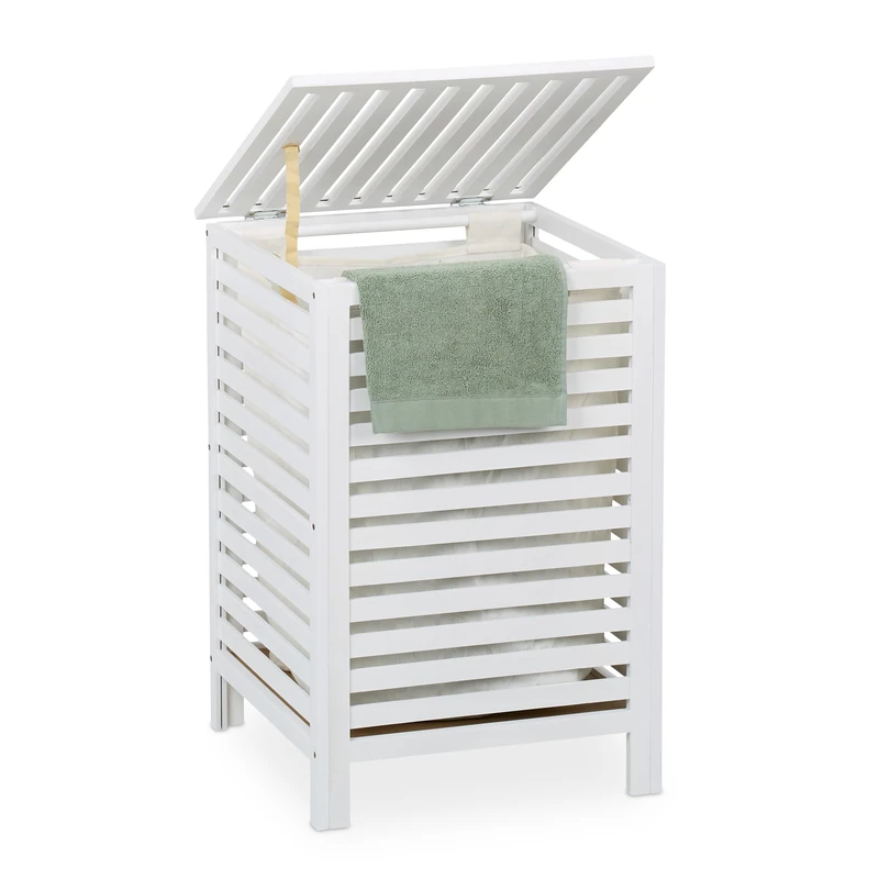 Relaxdays Laundry Hamper, Removable Inner Bag, 63 L, 65.5 x 45 x 45 cm, Washing Bin with Lid, Basket, Walnut Wood, White, Fibreboard, Polyester
