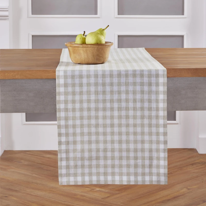 Solino Home Linen Gingham Check Table Runner 132 Inches Long - 100% Pure Linen Natural Checkered Table Runner 14 x 132 Inch Ideal for Dining, Summer