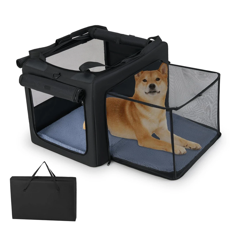 GYMAX Foldable Pet Carrier Bag, Portable Dog Cat Travel Carriers with 2 Openings, Breathable Mesh Windows, Side Storage Pockets, Soft Pad and Extendable Pet Activity Space (90 x 76 x 48cm)) - Image 1