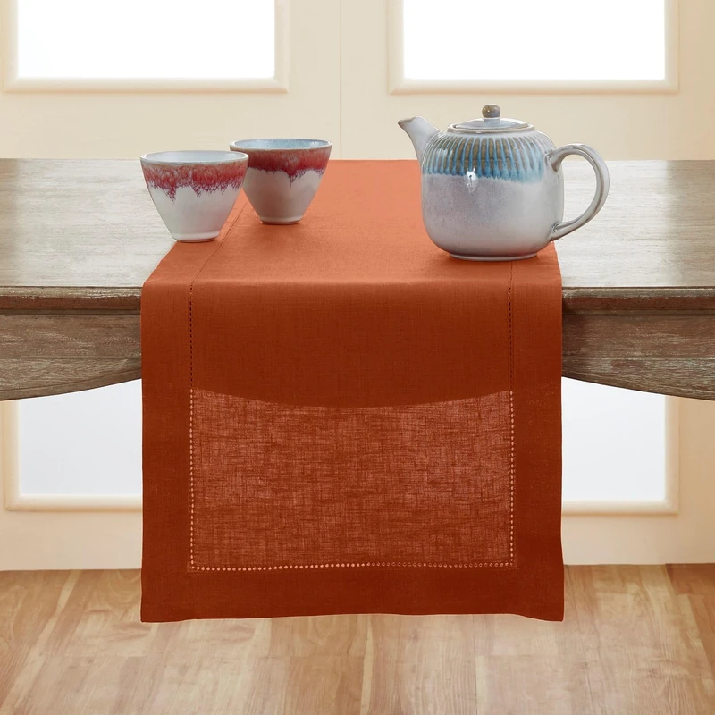 Solino Home Linen Cinnamon Table Runner 156 Inches Long - 100% Pure Linen Extra Long Table Runner 14 x 156 Inch - Classic Hemstitch