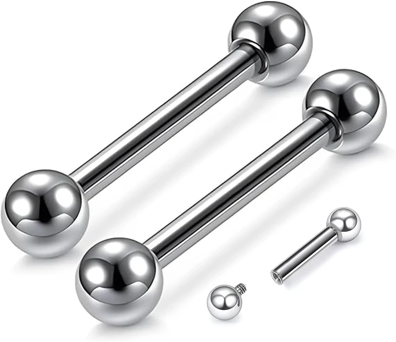 Lubgitsr 2pcs Grade 23 Titanium 14G 12mm Bar Nipple Tongue Ring Straight Barbell Nipple Rings Body Piercing Jewelry