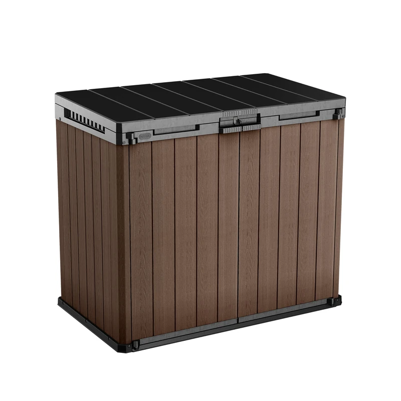Keter Store-It-Out Darwin 1150L Outdoor Storage Box – Brown | Evotech Wood-Effect Resin | Fits 2 x 240L Wheelie Bins | Lockable, Weatherproof, Hydraulic Lid & Double Doors