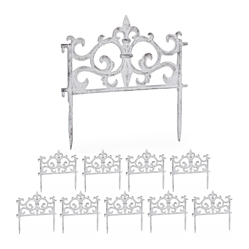 Relaxdays Garden Bed Fence, 10 Panels, Cast Iron, HxW: 27 x 27 cm, Vintage Design, Flowerbed Edging, Lawn Border, White