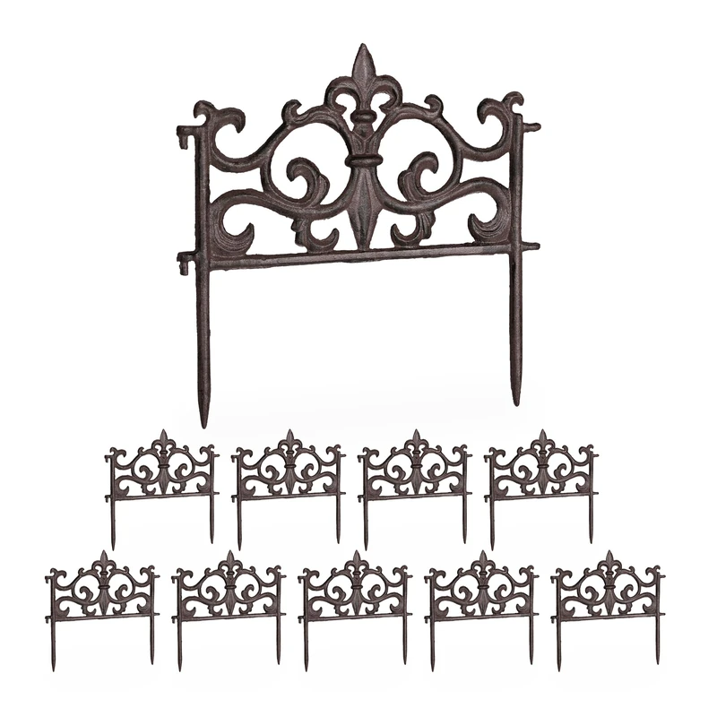 Relaxdays Garden Bed Fence, 10 Panels, Cast Iron, HxW: 27 x 27 cm, Vintage Design, Flowerbed Edging, Lawn Border, Brown
