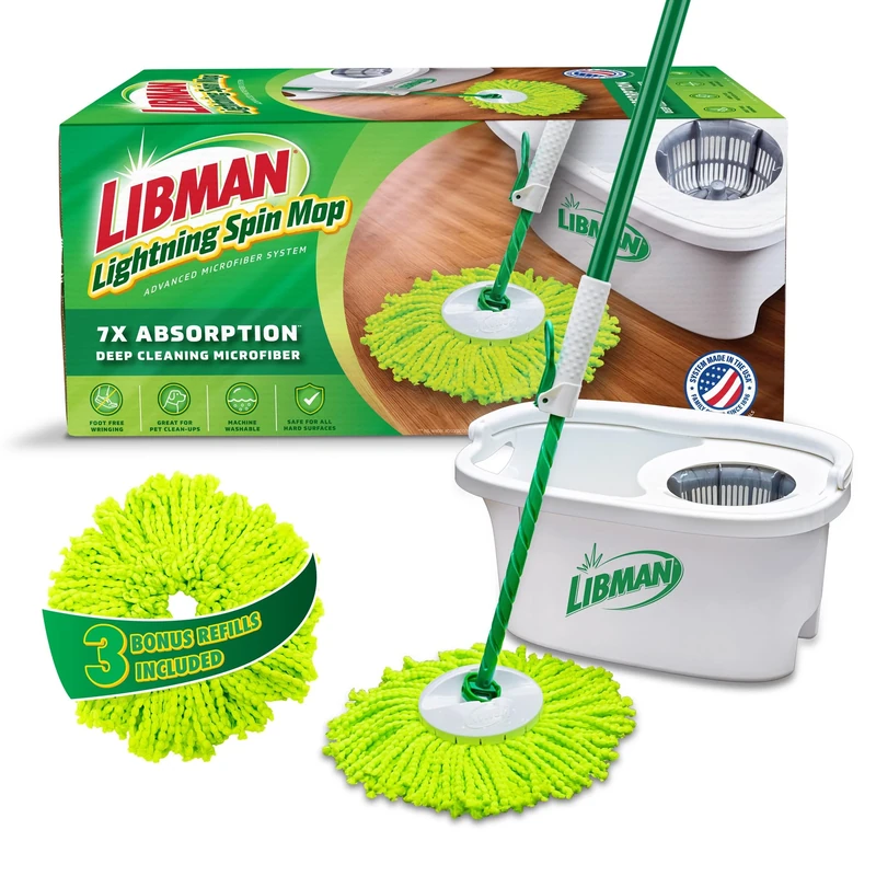 Libman Lightning Spin Mop System Plus 3 Refill Head | Mop and Bucket with Wringer Set | Floor Mop | Spin Mop | Libman Mop | Mops for Floor Cleaning | Hardwood Floor Mop | 4 Total Mop Heads Included