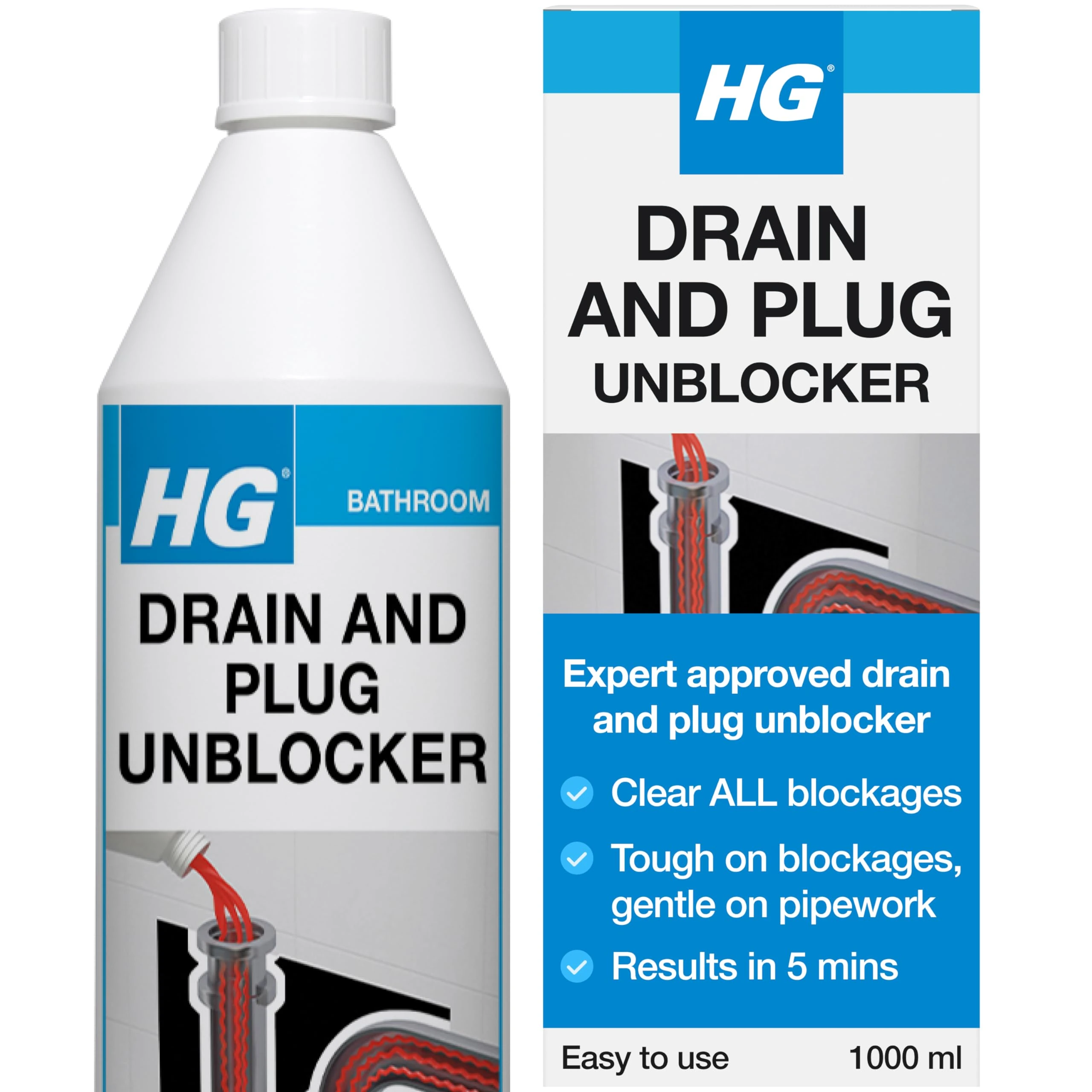 HG Drain and Plug Unblocker – Fast Acting Drain Cleaner for Sinks, Pipes & Shower Traps - 1L