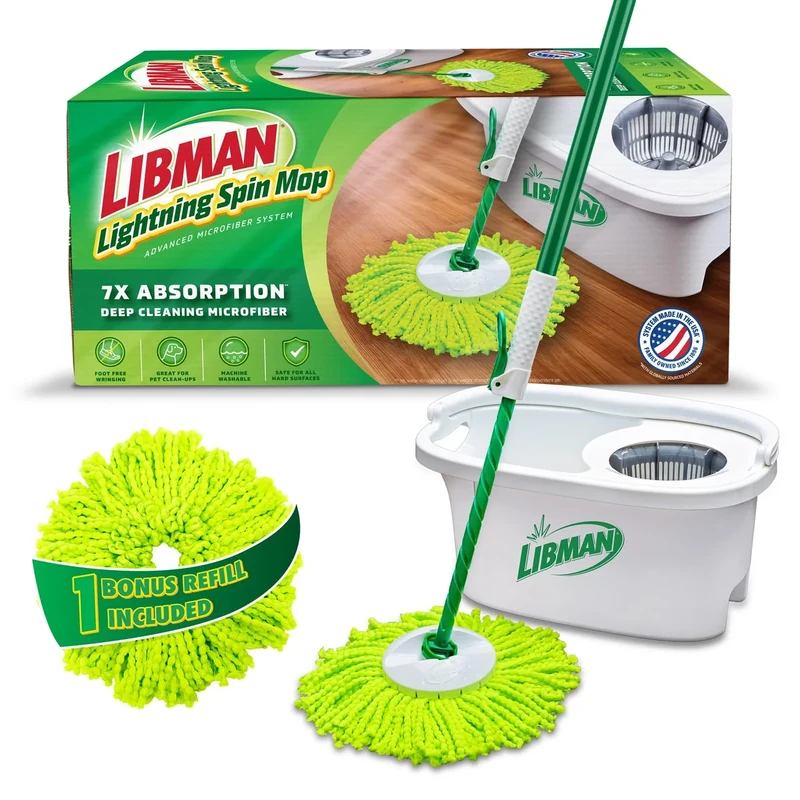 Libman Lightning Spin Mop System Plus 1 Refill Head | Mop and Bucket with Wringer Set | Floor Mop | Spin Mop | Libman Mop | Mops for Floor Cleaning | Hardwood Floor Mop | 2 Total Mop Heads Included