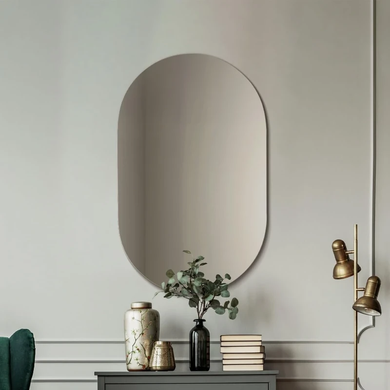 MirrorOutlet The Ovale - Large Frameless Oval Pill Oblong Wall Mirror 31" X 20" (80cm X 50cm) Silver Mirror Glass On A Black Backing.