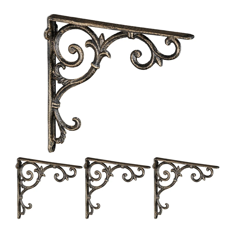 Relaxdays Shelf Brackets, Set of 4, Cast Iron, Antique Style Supports, for Wall-Mounted Shelves, 24.5x4x24.5 cm, Bronze