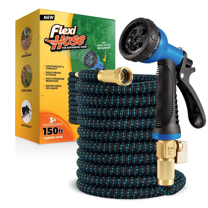 Flexi Hose Expandable Garden Hose with 8-Function Nozzle, 150FT, Black