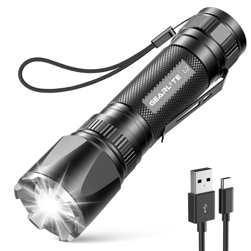 GEARLITE LED Torch Rechargeable, 3500LM Torches LED Super Bright with Clip Adjustable Focus, 3 Lighting Modes Waterproof Small Torch for Power Cuts, Emergency, Camping, Hiking, Outdoor
