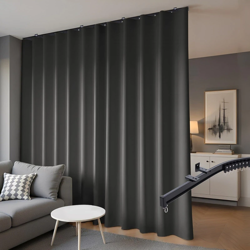 hoeflife Room Divider Blackout Curtains & Ceiling Curtain Track Set Wall Mount Extra Wide Track Curtains Flexible Sliding Curtain Rod Room Separation Privacy（W 108 x H 84 in Black Drape & Black Rail）