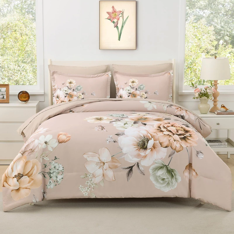 Floral King Size Comforter Set - 7 Piece Botanical Dusty Pink Flower Bed in a Bag Ulter Soft Microfiber Bedding Set, Lightweight Bed Comforter Set with Sheets for All Season (Dusty Pink, King)
