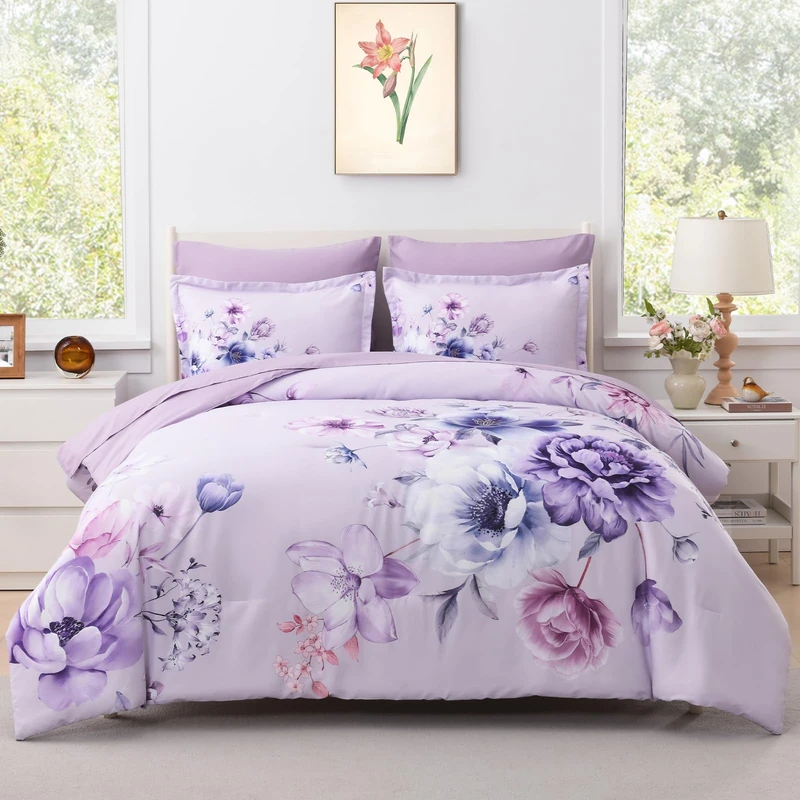 LLDSYW Floral King Size Comforter Set - 7 Piece Botanical Purple Flower Bed in a Bag Ulter Soft Microfiber Bedding Set, Lightweight Bed Comforter Set with Sheets for All Season (Purple, King)