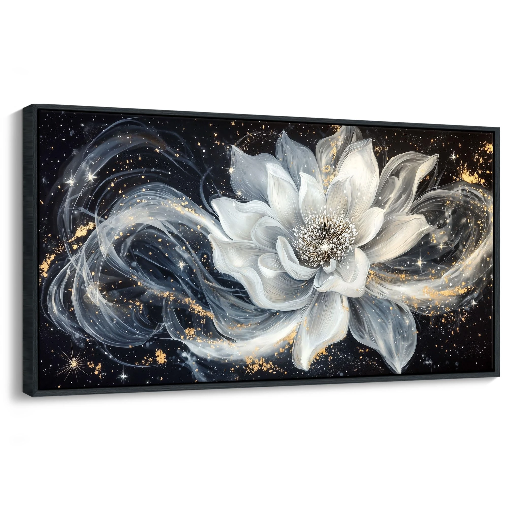 QZQCBLC Abstract Flower Wall Art, Black and White Gold Simplicity Framed Canvas Painting Large White Lotus Modern Pictures Artwork for Living room Bedroom kitchen Home Office Decor 24x48 IN