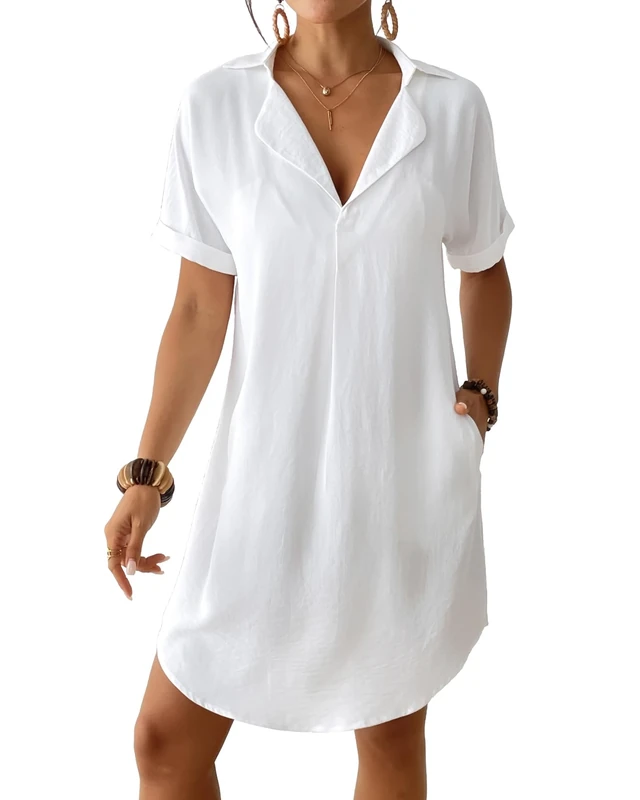 Bsubseach Shirt Swimsuit Coverup for Women Short Sleeve Bathing Suit Cover Up V Neck Beach Dress Summer Outfit Resort Wear White XL