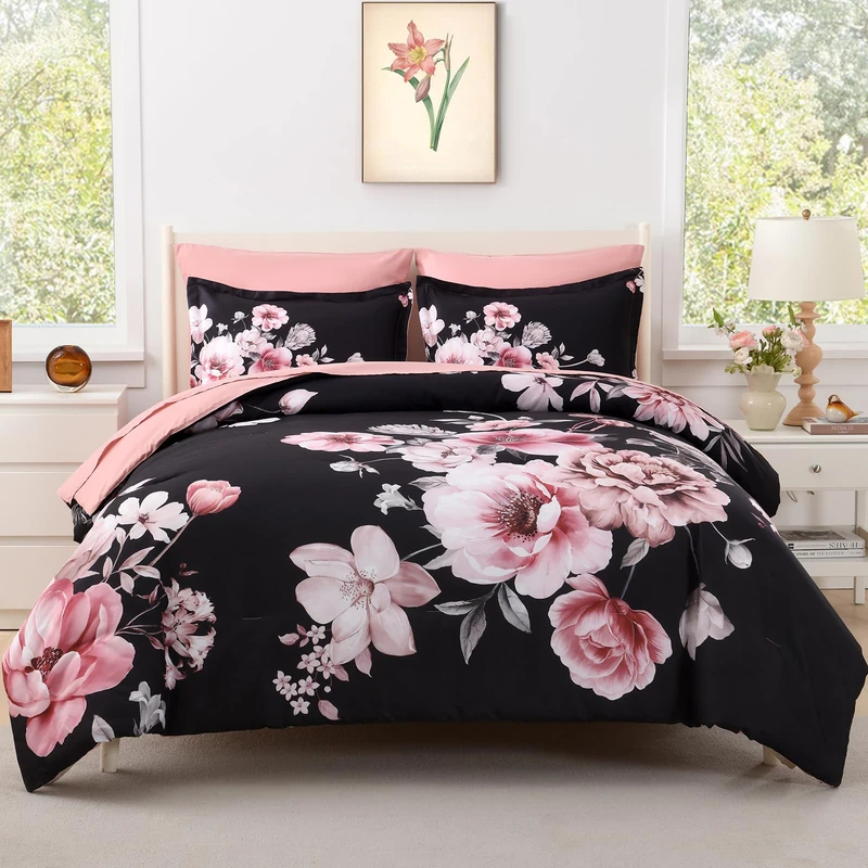 LLDSYW Floral Comforters Queen Size 7 Pieces Botanical Black and Pink Comforter Set Ulter Soft Microfiber Bedding Set, Lightweight Bed Comforter Set with Sheets for All Season (Black, Queen)