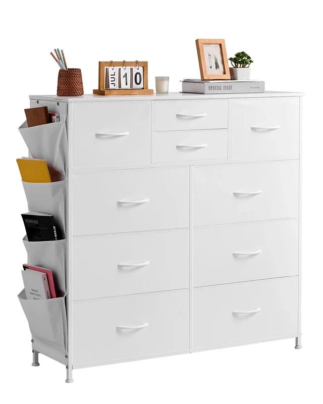 VEVOR 10 Drawer Dresser, Dresser with Fabric Bins, Closet Storage Drawers with Easy Pull Handle and Sturdy Steel Frame, Fabric Storage Tower for Bedroom, Hallway, Closet, Nursery, White