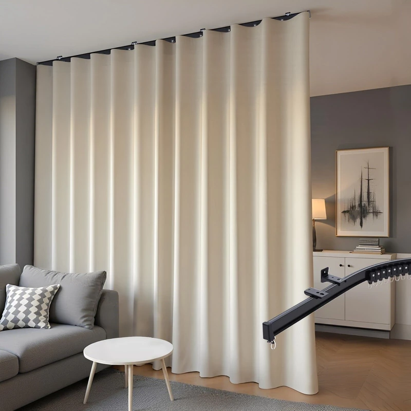 hoeflife Room Divider Blackout Curtains & Ceiling Curtain Track Set Wall Mount Extra Wide Track Curtains Flexible Sliding Curtain Rod Room Separation Privacy（W 108 x H 84 in Beige Drape & Black Rail）