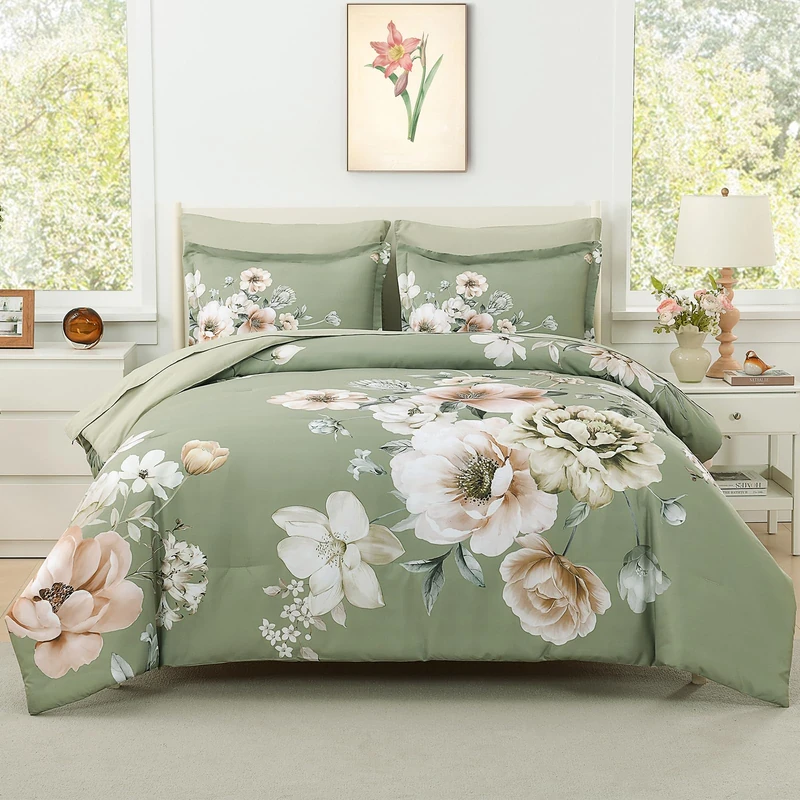 LLDSYW Floral King Size Comforter Set - 7 Piece Botanical Green Flower Bed in a Bag Ulter Soft Microfiber Bedding Set, Lightweight Bed Comforter Set with Sheets for All Season (Green, King)