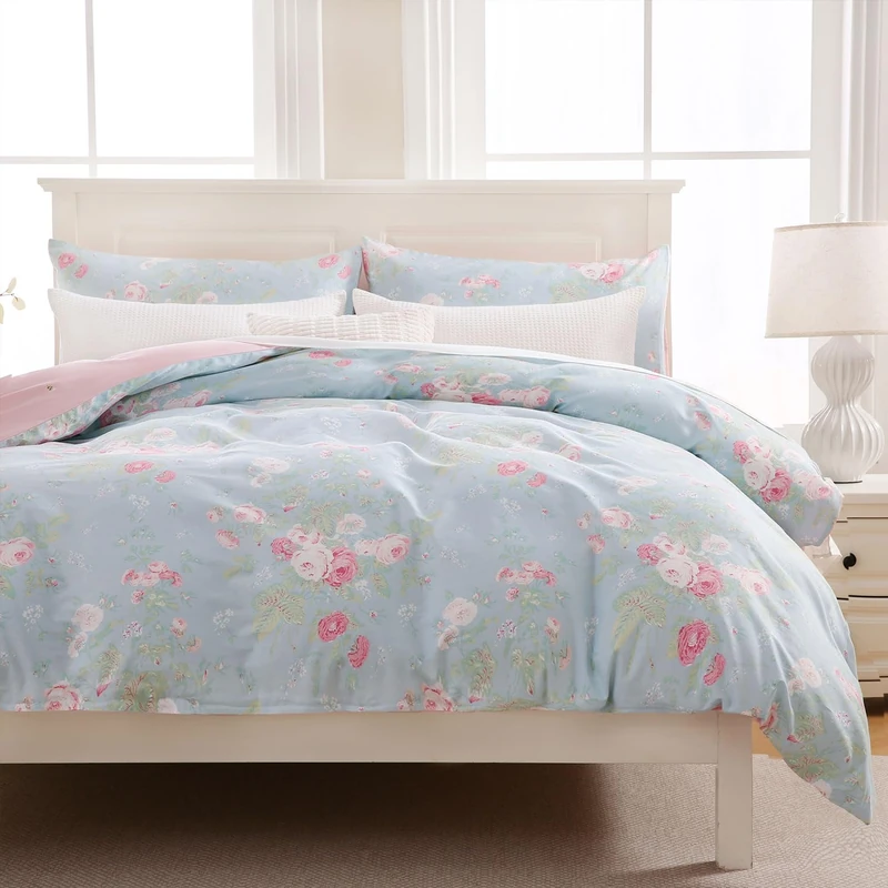 Zusbest Floral Duvet Cover Queen 100% Cotton Coquette Cottage Core Bedding Shabby -Chic Comforter Cover with Zipper, Soft Skin-Friendly Breathable, Blue Pink Rose Flower Print, 3 Pcs