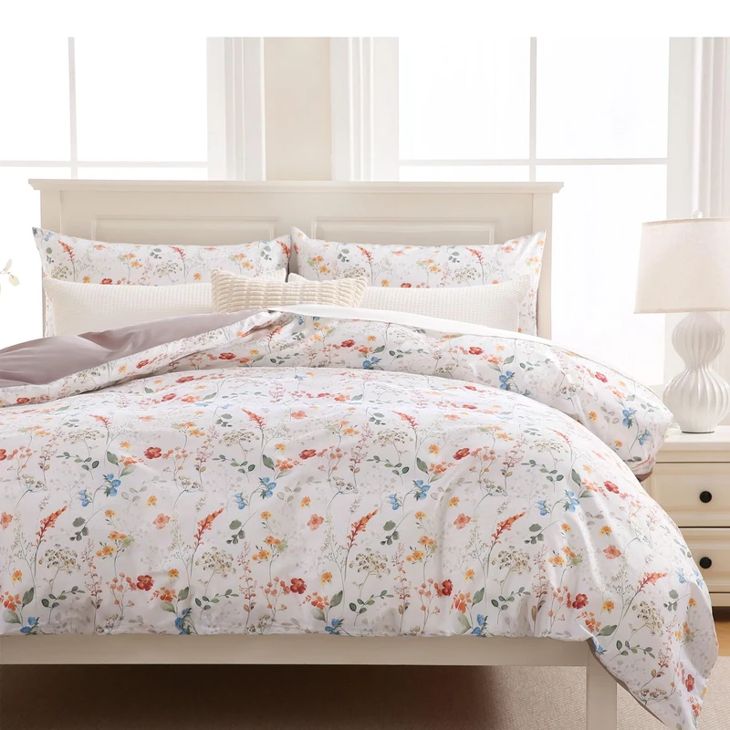 Zusbest Botanical Floral Duvet Cover Queen 100% Cotton Orange Blue Flower Patterned Bedding Beige Tan Comforter Cover with Zipper, Soft Skin-Friendly, Luxury Minimalist Wildflower Print Bed Set, 3Pcs
