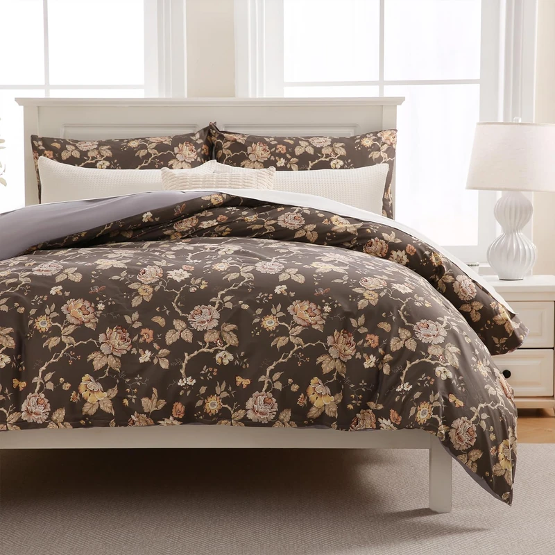 Zusbest Grey Brown Duvet Cover Set Queen Size 100% Cotton Shabby Vintage Floral Bedding Mocha Comforter Cover with Zipper, Soft Skin-Friendly Breathable, Peony Flower Print Bed Set, 3 Pcs