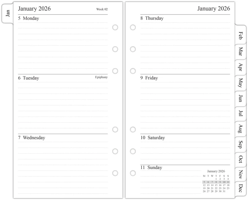Orgnizme 2026 Weekly Diary Refill Personal Size, Week on Two Pages, Compatible with Filofax Personal Organiser