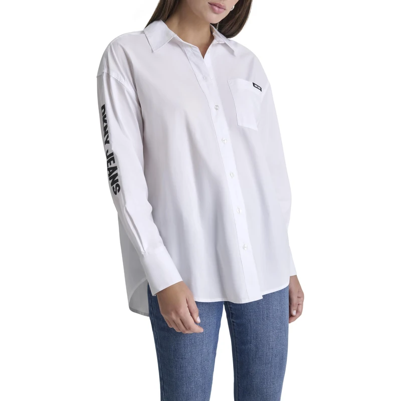 DKNY Womens Long Sleeve Button Down Embroidered Shirt, White and Black, XS UK