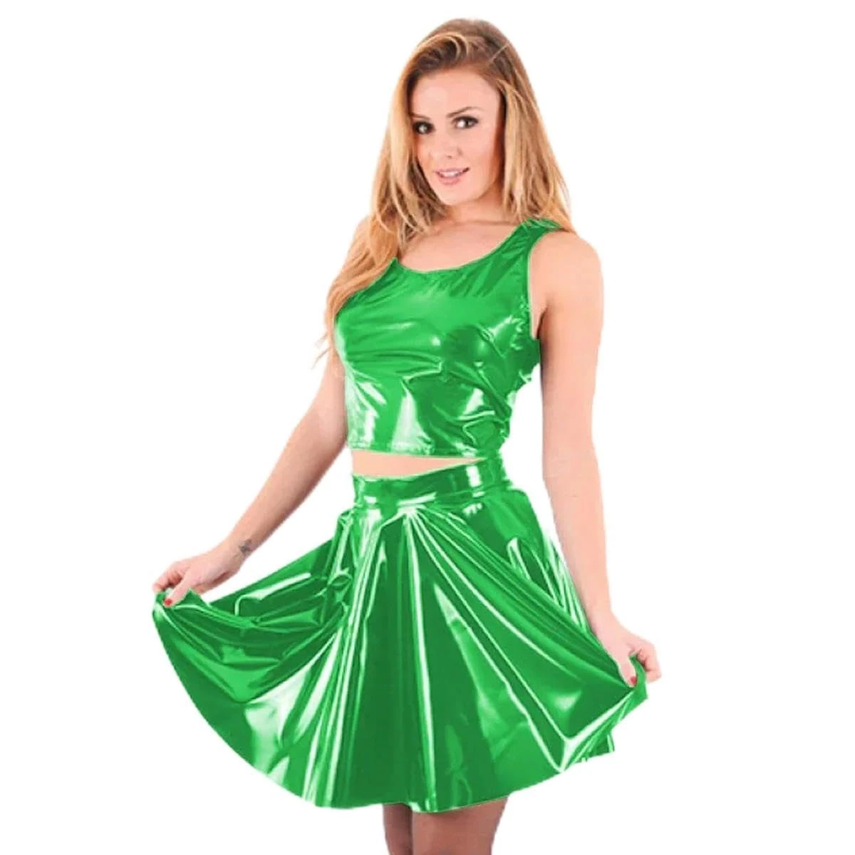 Women's Sleeveless Tank Top and Short Skirt Mini A-Line Ruffle Skirt PVC Clubwear 2-Piece Set Customizable Green