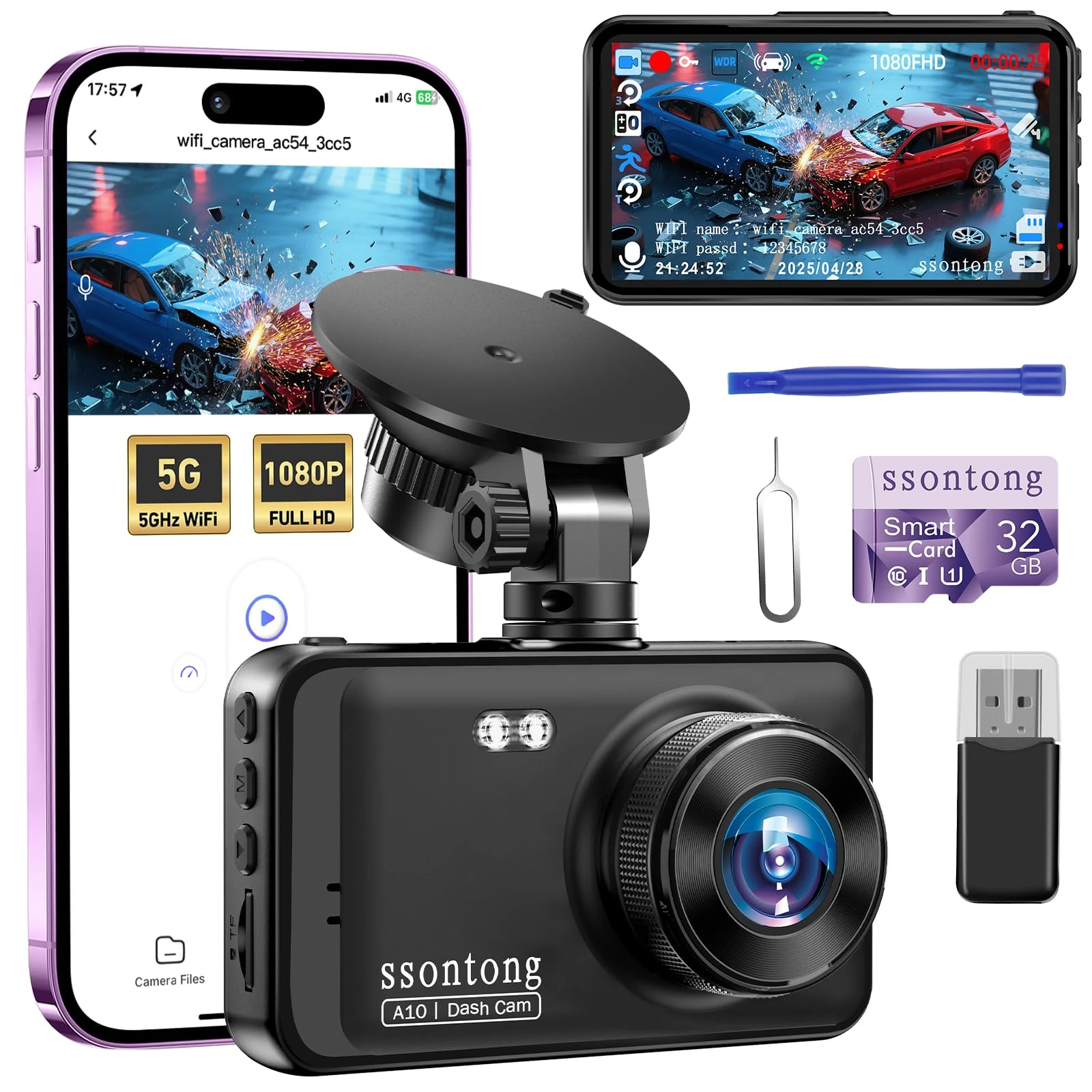Car Dash Cam, WiFi/APP Control Dash Cam 1080P Dashcam 3" IPS Dash Camera with 32GB Card Car Camera with Night Vision, 170°Wide Angle Dash-cam Loop Recording G-sensor Motion Detection Parking Mode