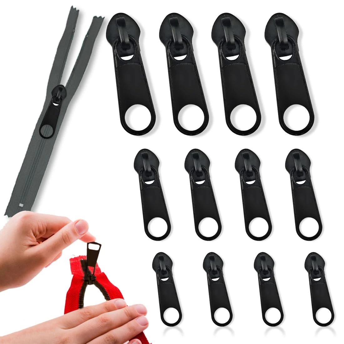 SHSMPXOY 12 Pcs Zipper Pull Replacement Detachable Zip Repair Kit #3#5#8 Sizes Zips Removable Metal Zipper Pulls Extension Sewing Supplies for Repair Clothes Jeans Jacket Backpack Luggage (Black)