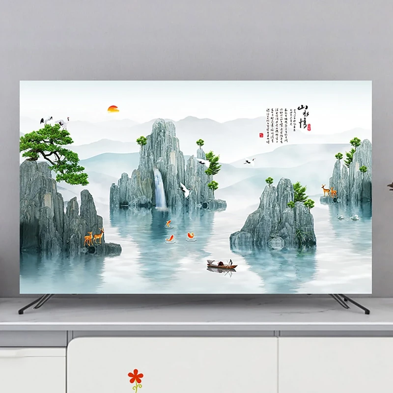 XMYAN Chinese Style TV Cover Decorative, Ink Painting Pattern TV Dust Cover 19-100inch TV Screen Dust Cover Universal Television Cover Stretch TV Screen Protection Cover(Color:color16,Size:85in)