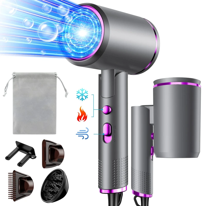 Vbrisi Hair Dryer,2400W Foldable Ionic Blow Dryer, Professional Travel Hair Dryer with Hot/Cold Button, 3 Heats, 3 Speeds, AC Motor Salon Hairdryer with Diffuser and Storage Bag(Gray-Purple)