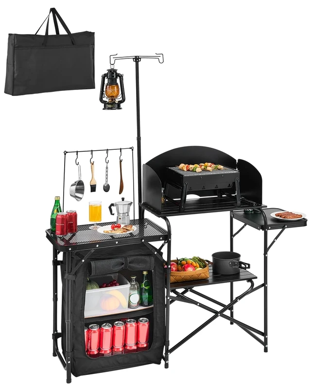 VEVOR Camping Kitchen Table, Outdoor Cooking Table, Portable Aluminium Cooking Station with Storage Cabinet & Carry Bag, & Removable Windscreen, for BBQ Parties, Picnics, Motorhome, Travel, Black