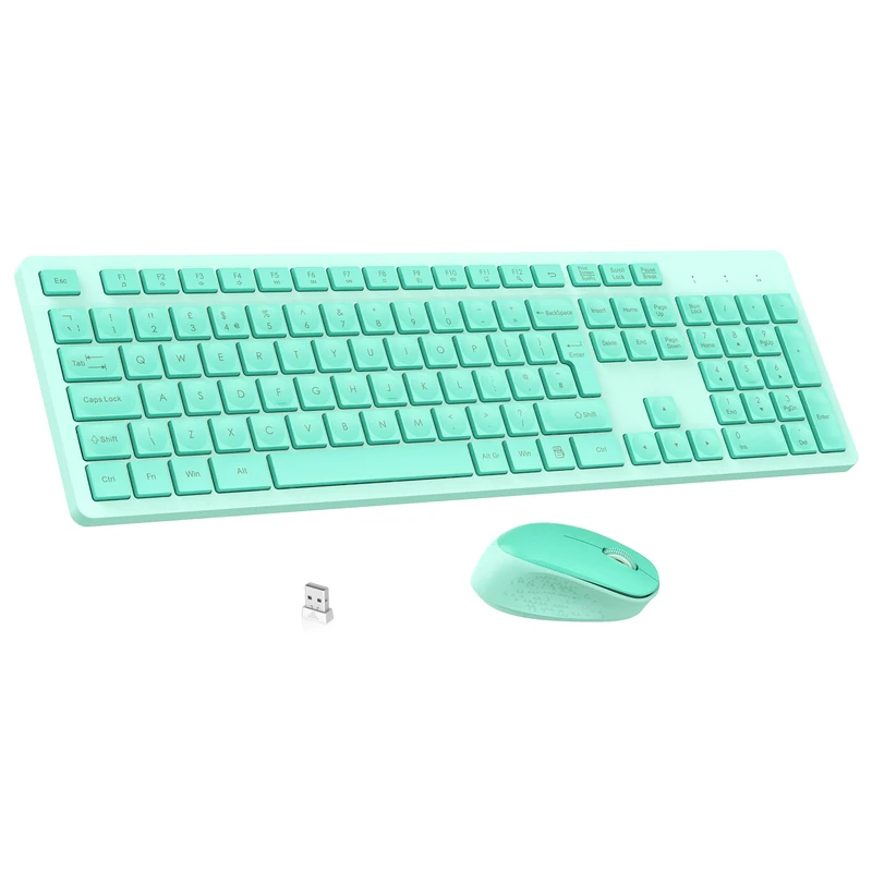 LeadsaiL Wireless Keyboard and Mouse Set, Full Size Ergonomic Design, UK Layout, Two-Tone Design, Noiseless Click, 12 Multimedia Shortcuts, Compatible with Windows/Mac PC Laptop - Mint Green