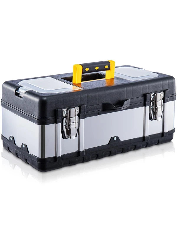 CROWNSHOP Tool Box ToolBox StorageHeavy Duty Stainless Steel Portable Toolbox with Metal Dual Latch Removable Tray Storage Case with Tray and Latch for Small Parts for Tools (14 Inch)